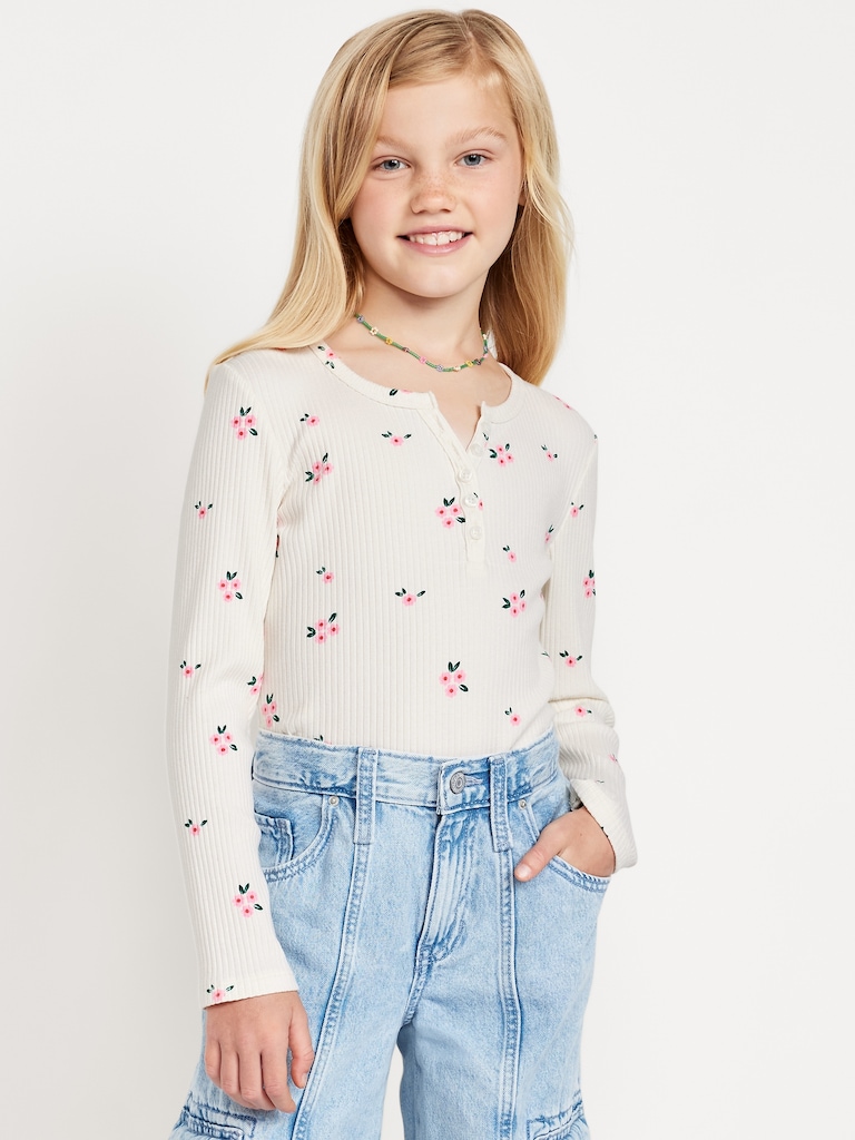 Printed Fitted Long-Sleeve Ribbed Top for Girls