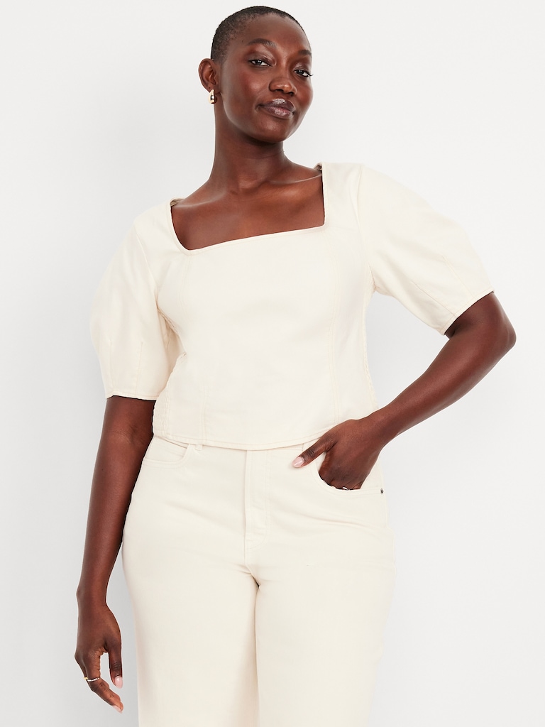 Square-Neck Seamed Denim Top