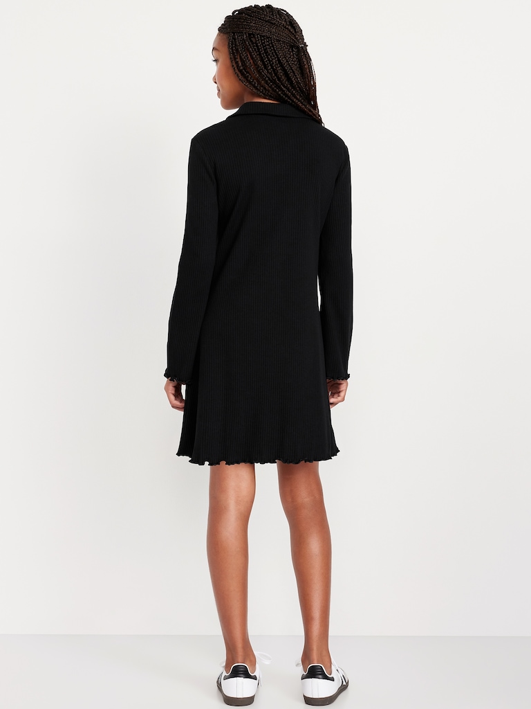 Long-Sleeve Fit and Flare Ribbed Polo Dress for Girls