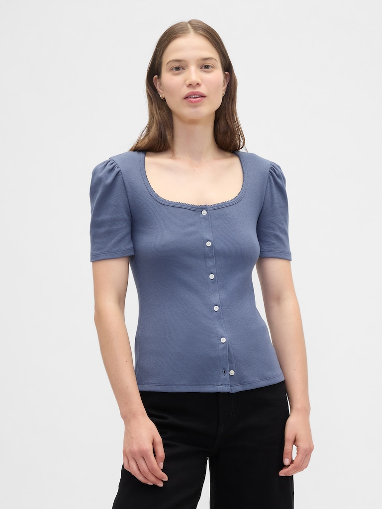 Ribbed Scoopneck Puff Sleeve Top