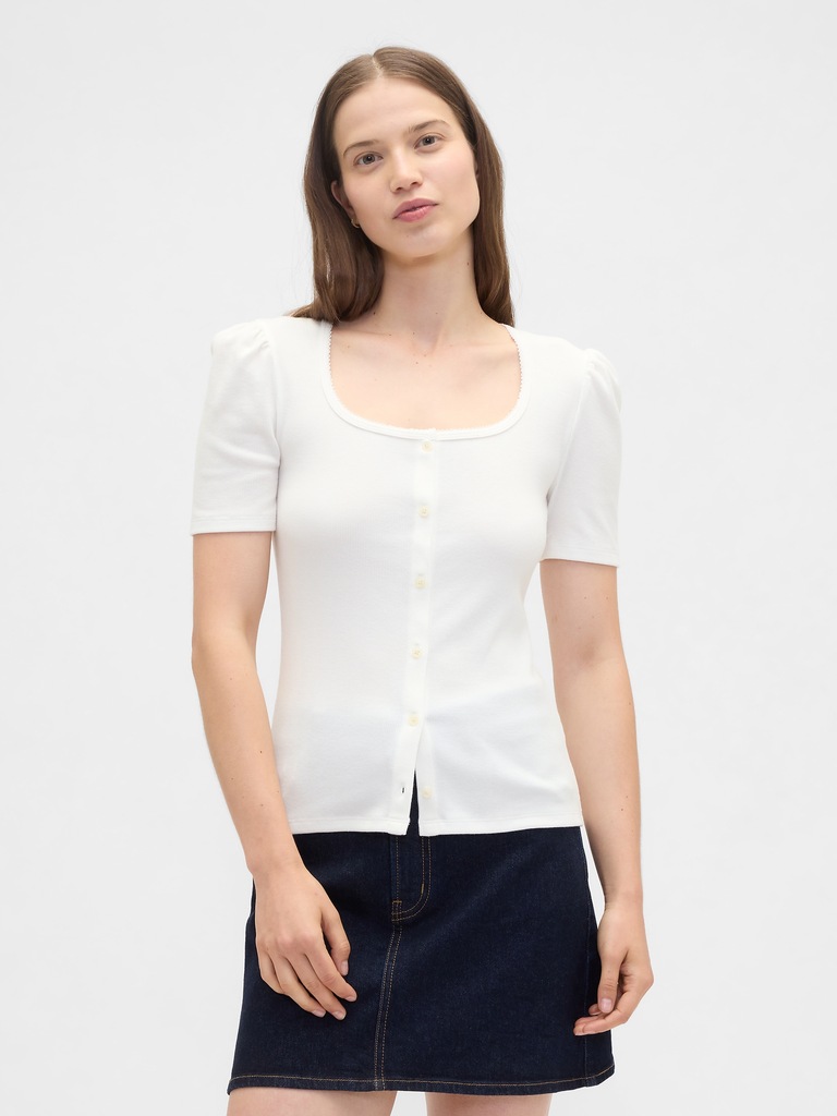 Ribbed Scoopneck Puff Sleeve Top