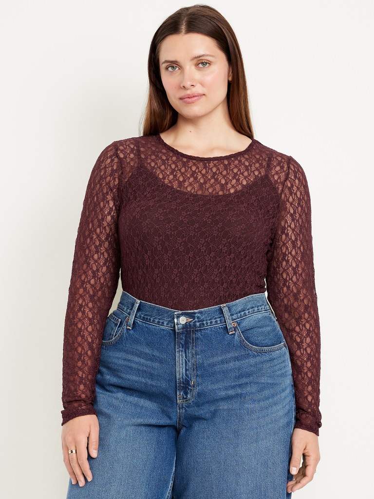 Long-Sleeve Lace Crew-Neck Top