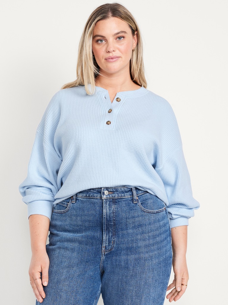 Oversized Cozy Waffle Henley Top