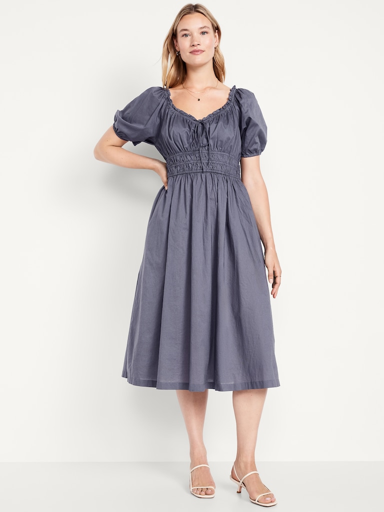 Fit & Flare Puff-Sleeve Midi Dress