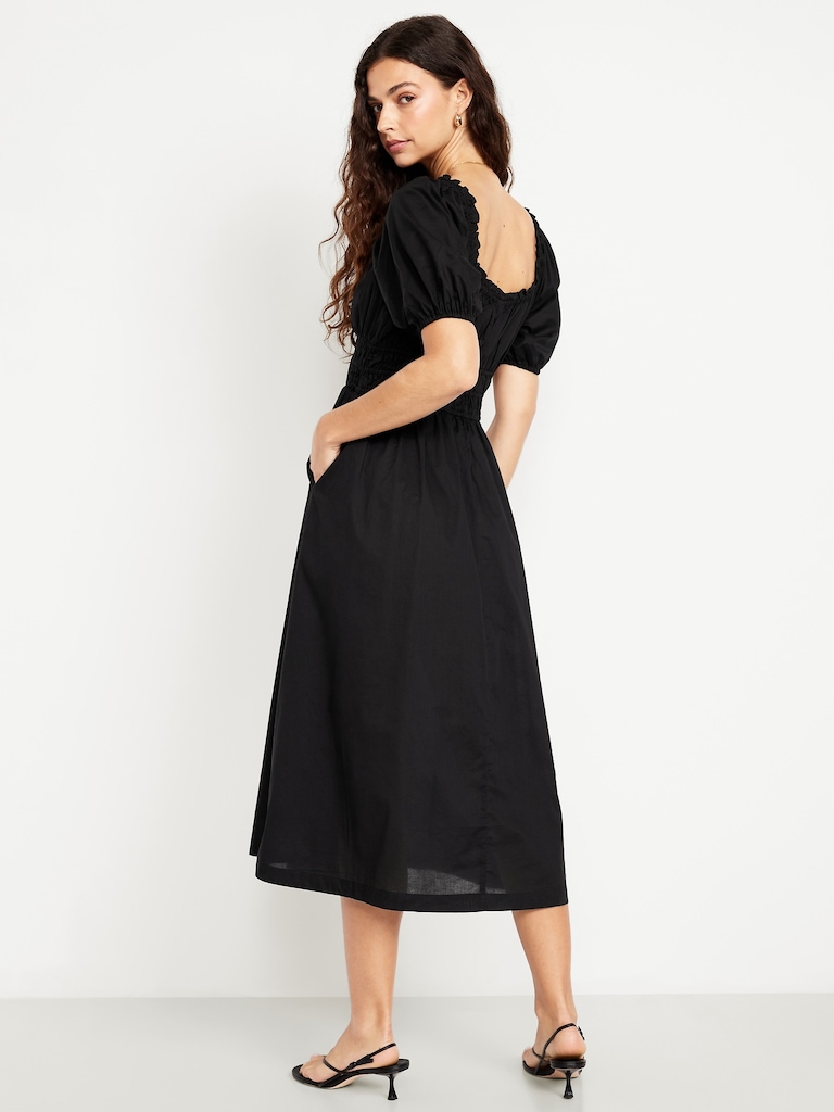 Fit & Flare Puff-Sleeve Midi Dress