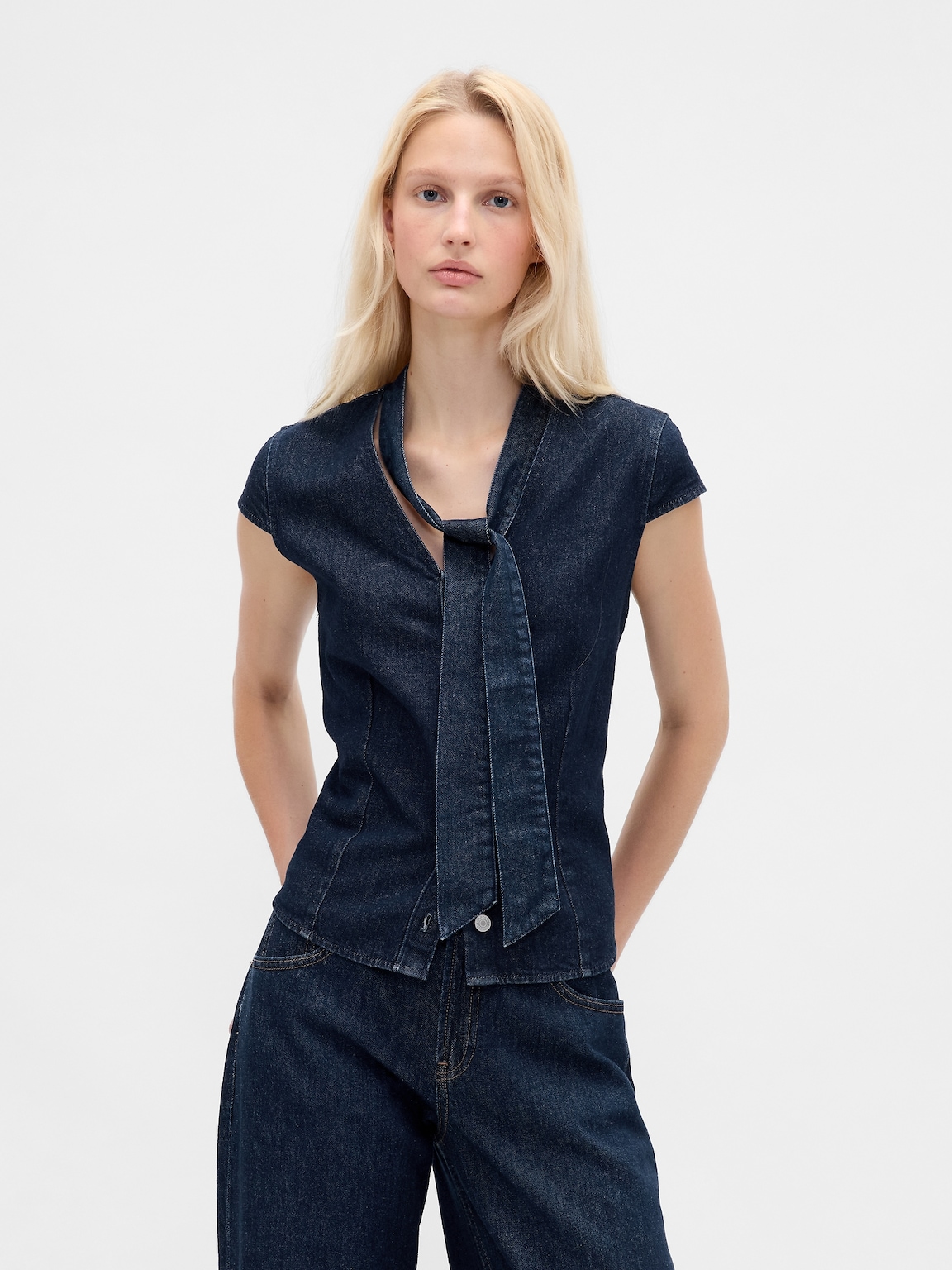 Denim Tie-Neck Top