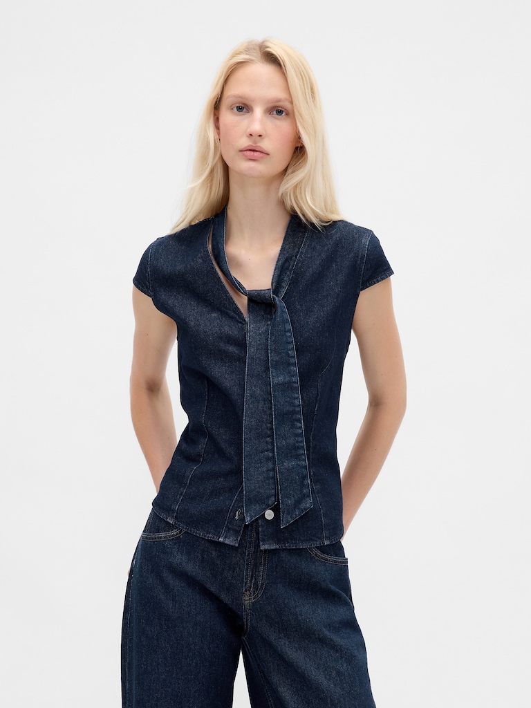 Denim Tie-Neck Top