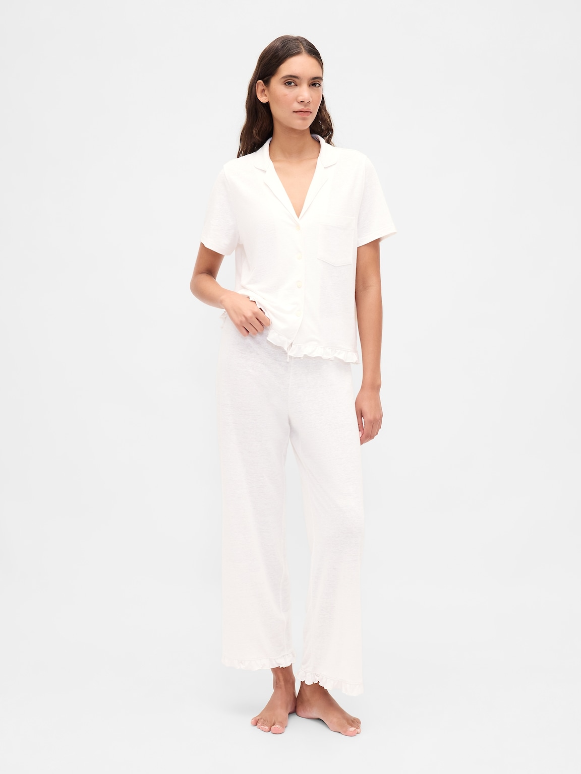 Linen-Blend Ruffle PJ Shirt
