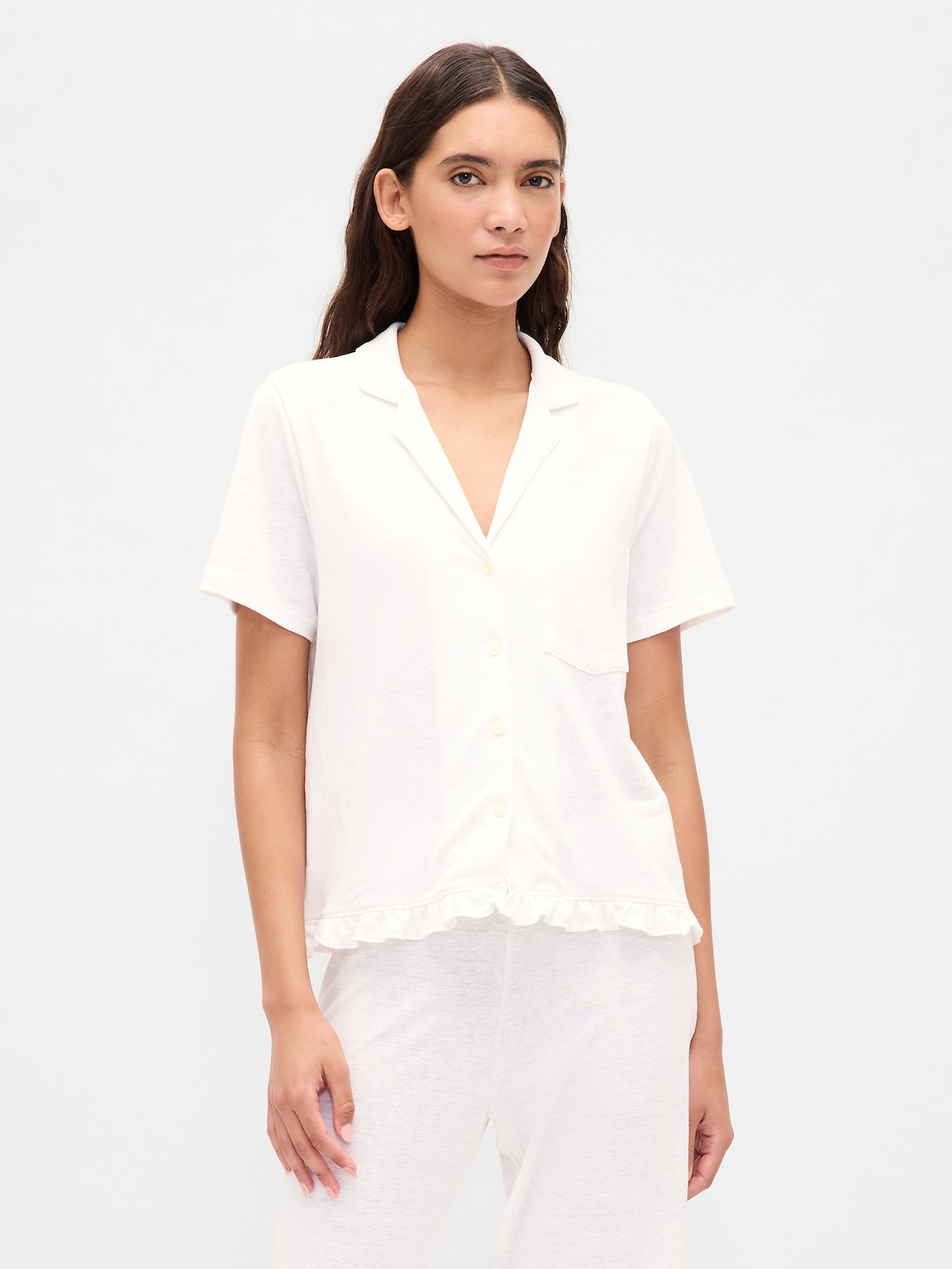 Linen-Blend Ruffle PJ Shirt