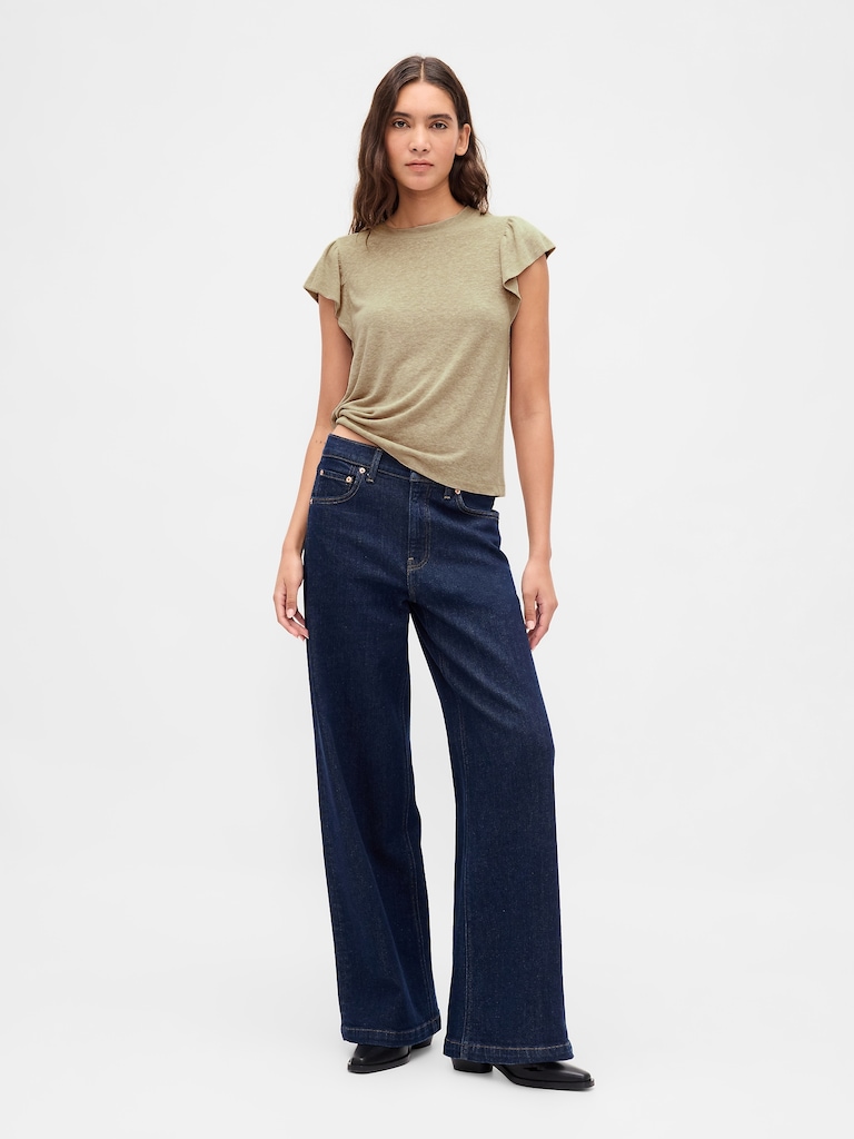 Linen-Blend Flutter-Sleeve T-Shirt