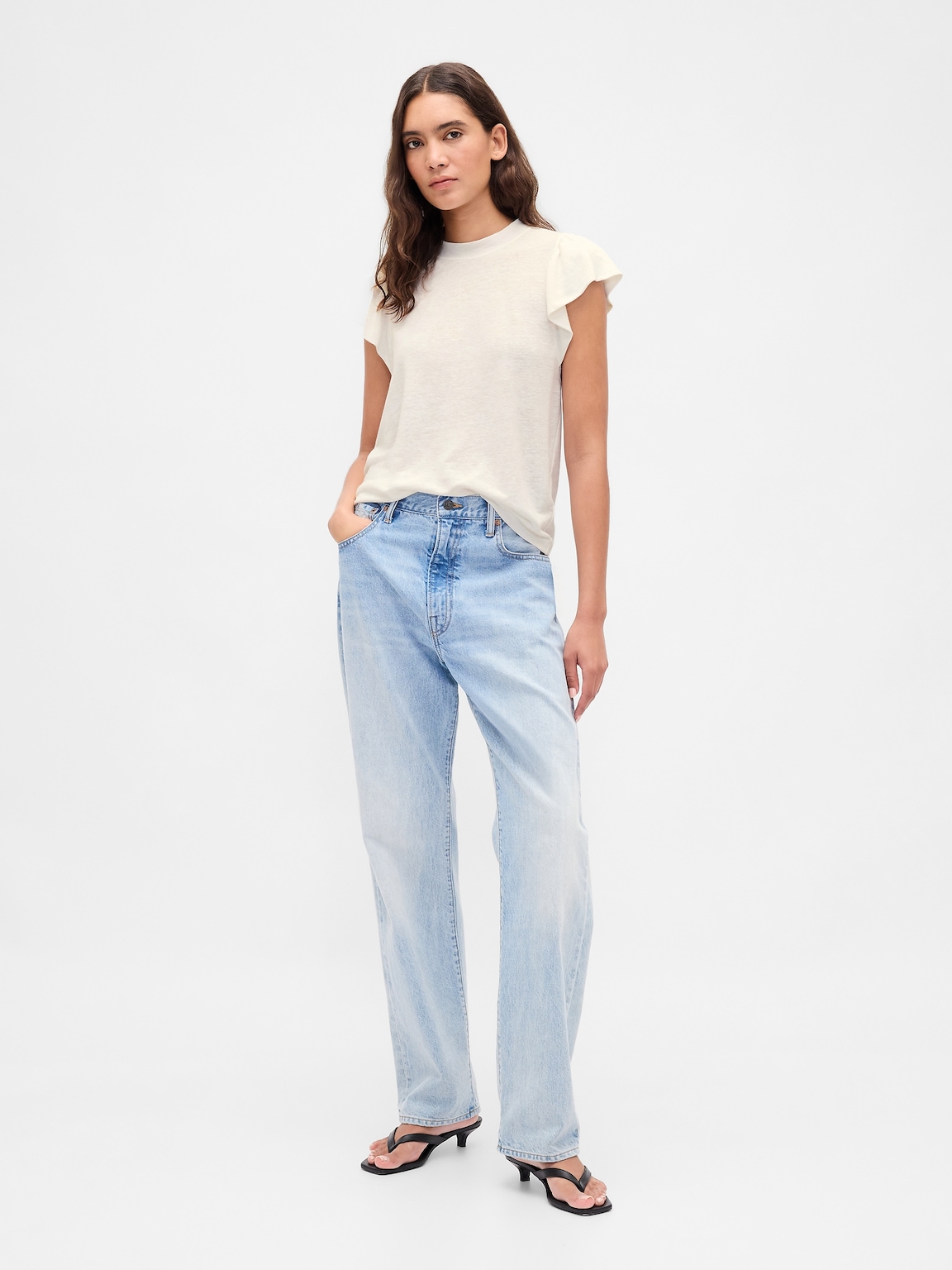 Linen-Blend Flutter-Sleeve T-Shirt