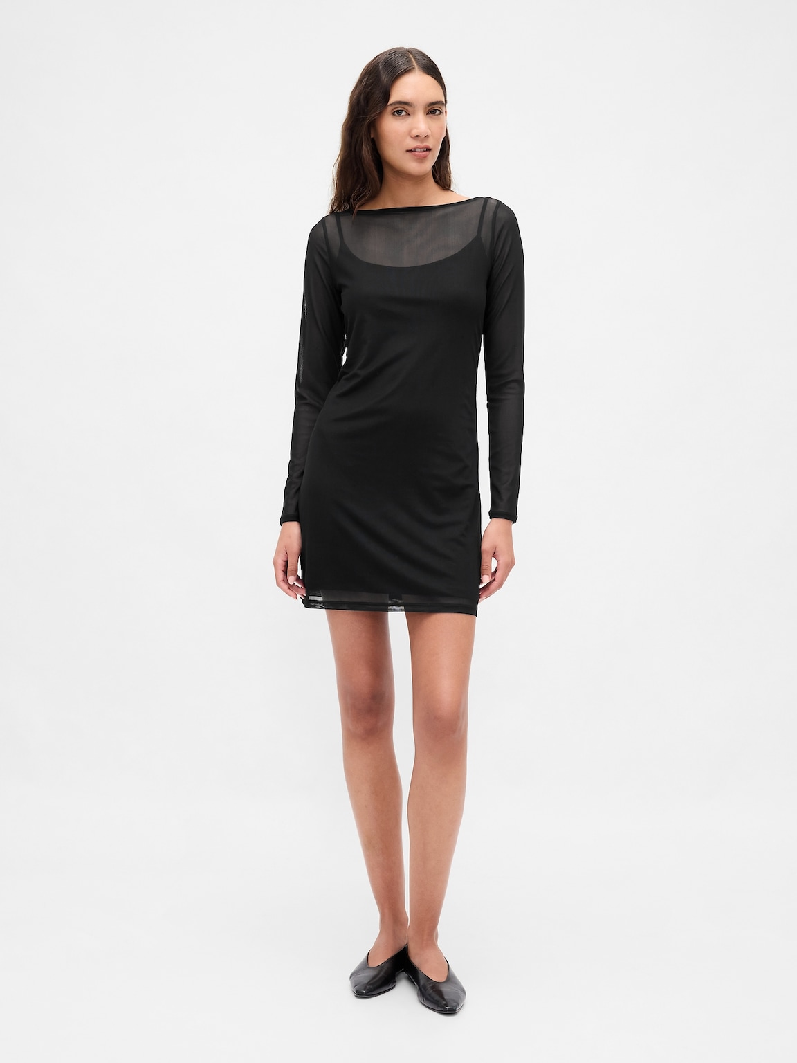 Mesh Boatneck Mini Dress