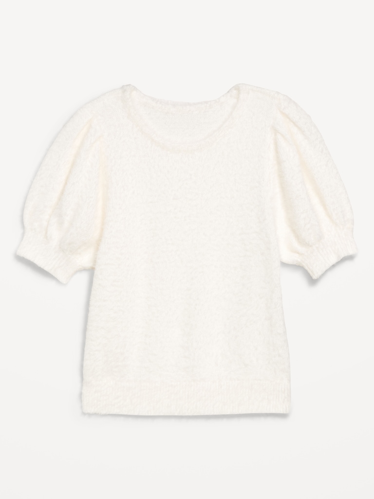 Cropped Puff-Sleeve Eyelash Sweater