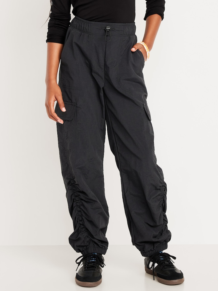High-Waisted Side Ruched Cargo Parachute Joggers for Girls