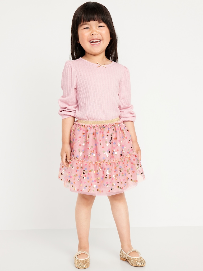 Long-Sleeve Pointelle Top and Tutu Skirt Set for Toddler Girls