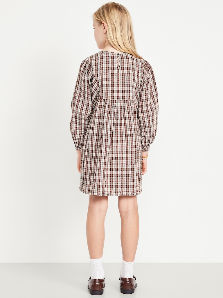 Long-Sleeve Tie-Front Double-Weave Swing Dress for Girls