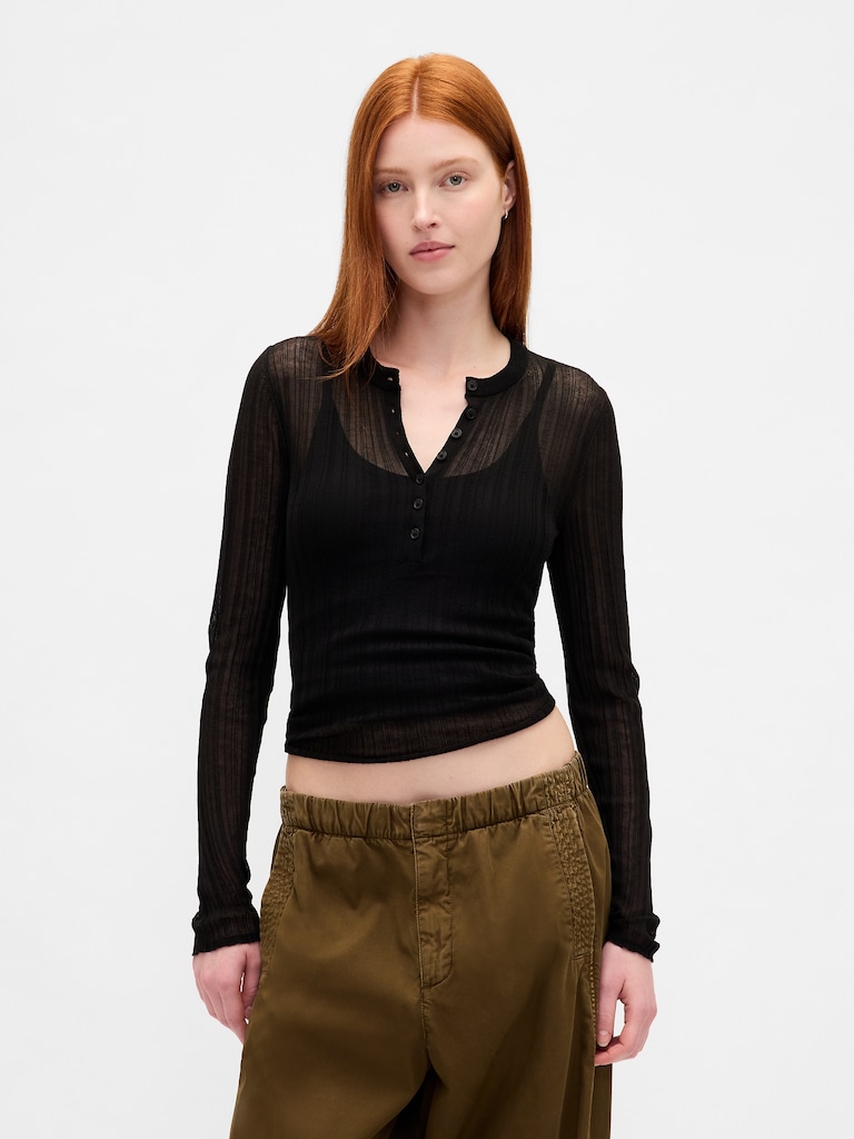 Sheer Rib Henley Sweater
