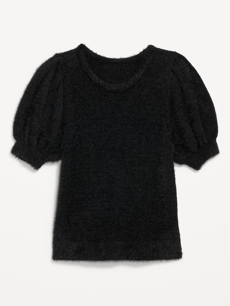 Cropped Puff-Sleeve Eyelash Sweater