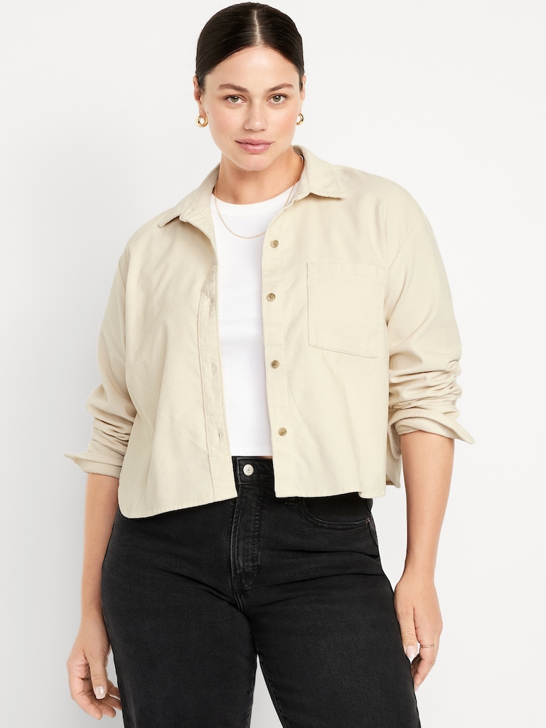 Cropped Button-Down Corduroy Shirt