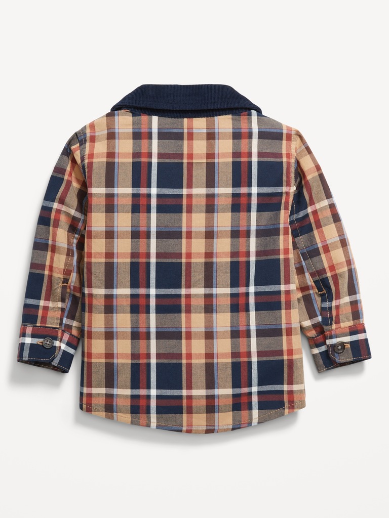 Long-Sleeve Plaid Corduroy-Trim Pocket Shirt for Baby