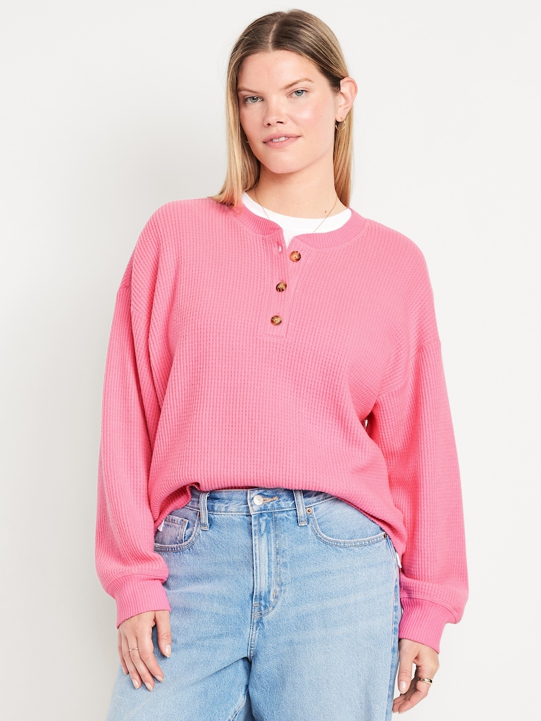 Oversized Cozy Waffle Henley Top