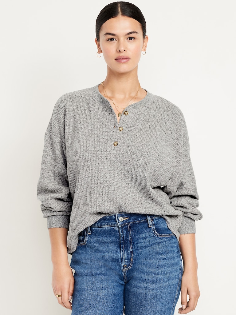 Oversized Cozy Waffle Henley Top