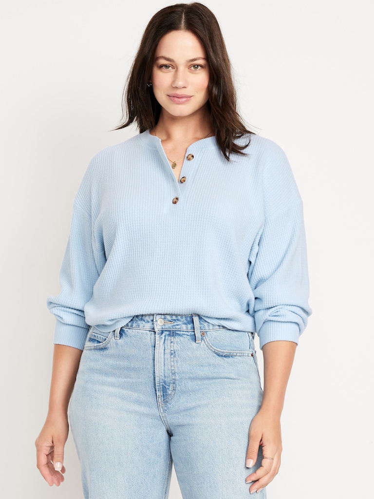 Oversized Cozy Waffle Henley Top