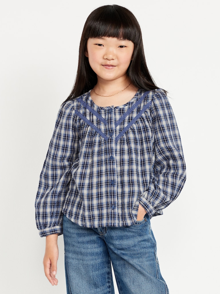 Long-Sleeve Plaid Lace Trim Button-Front Top for Girls