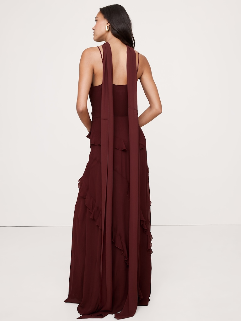 Georgette Ruffle Maxi Dress with Scarf
