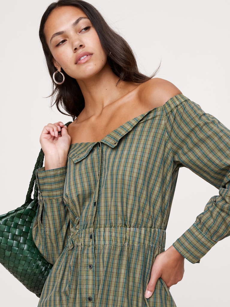 Cotton Poplin Off-The-Shoulder Maxi Shirt Dress
