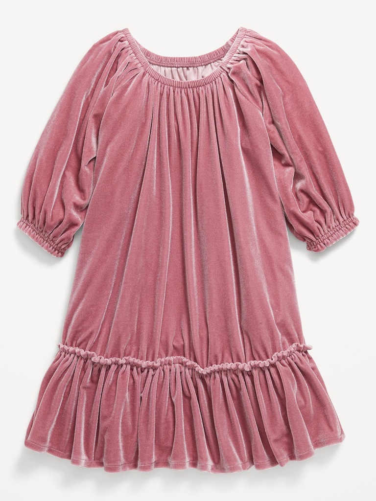 Puffy-Sleeve Velour Dress for Toddler Girls