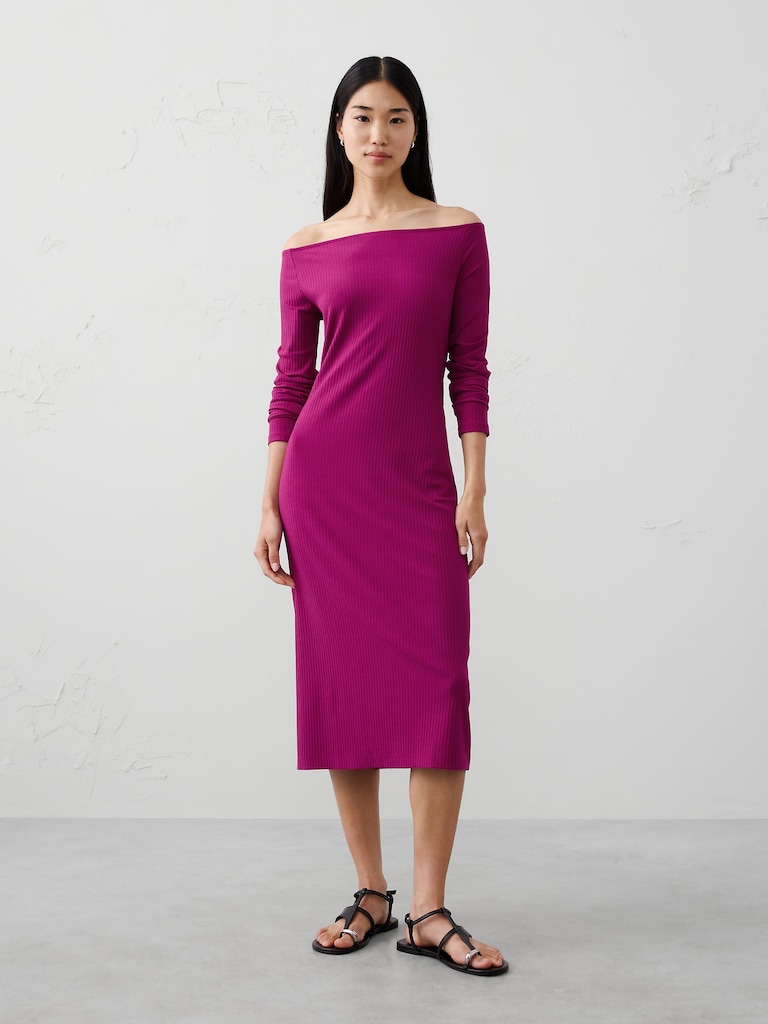 Off-The Shoulder Ribbed Midi Dress