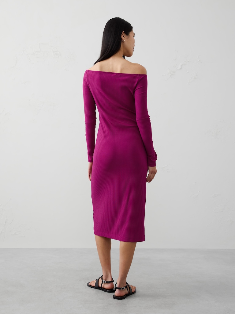 Off-The Shoulder Ribbed Midi Dress