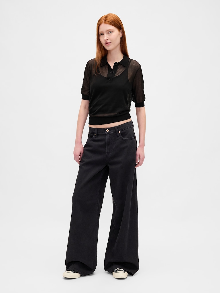 Sheer Crop Polo Sweater
