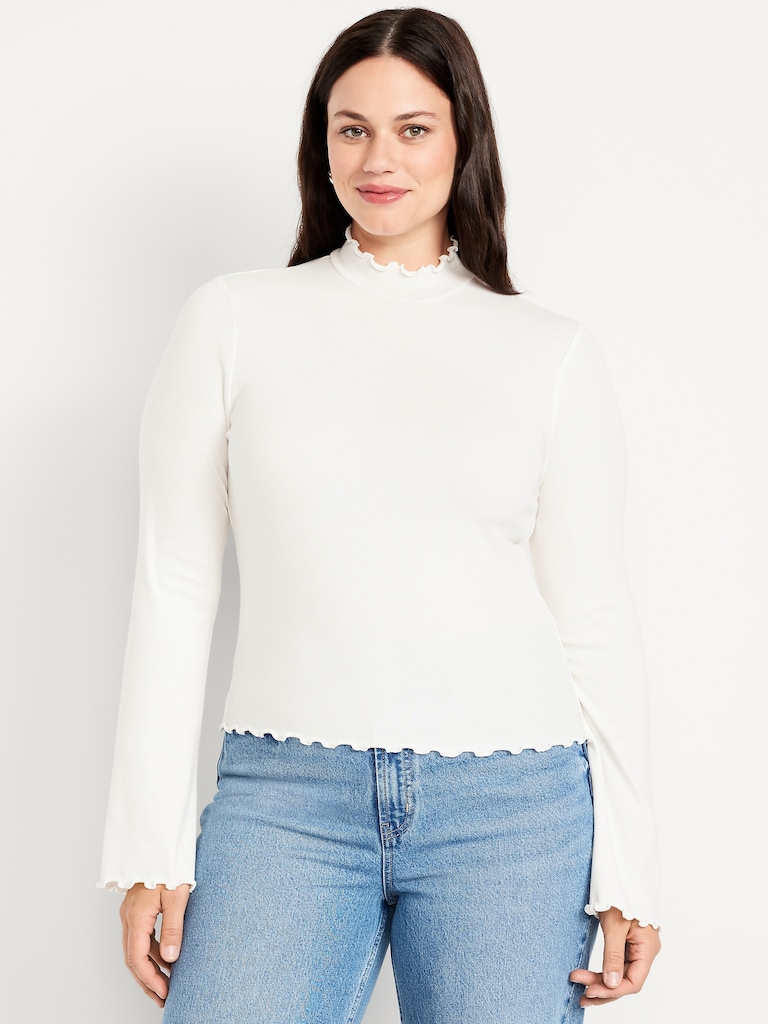 Mock-Neck Lettuce-Edge Rib Top