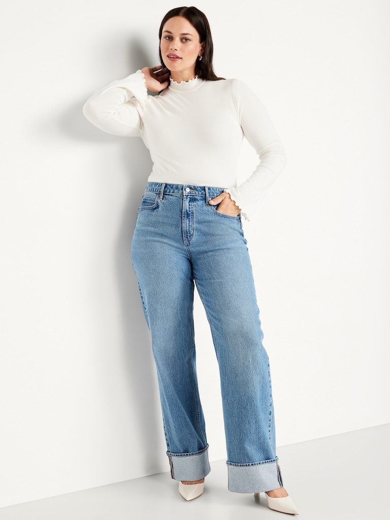 Mock-Neck Lettuce-Edge Rib Top