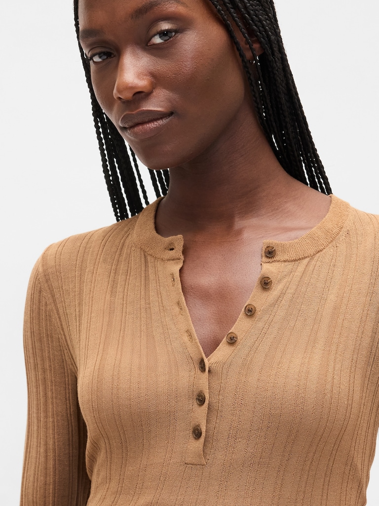 Sheer Rib Henley Sweater
