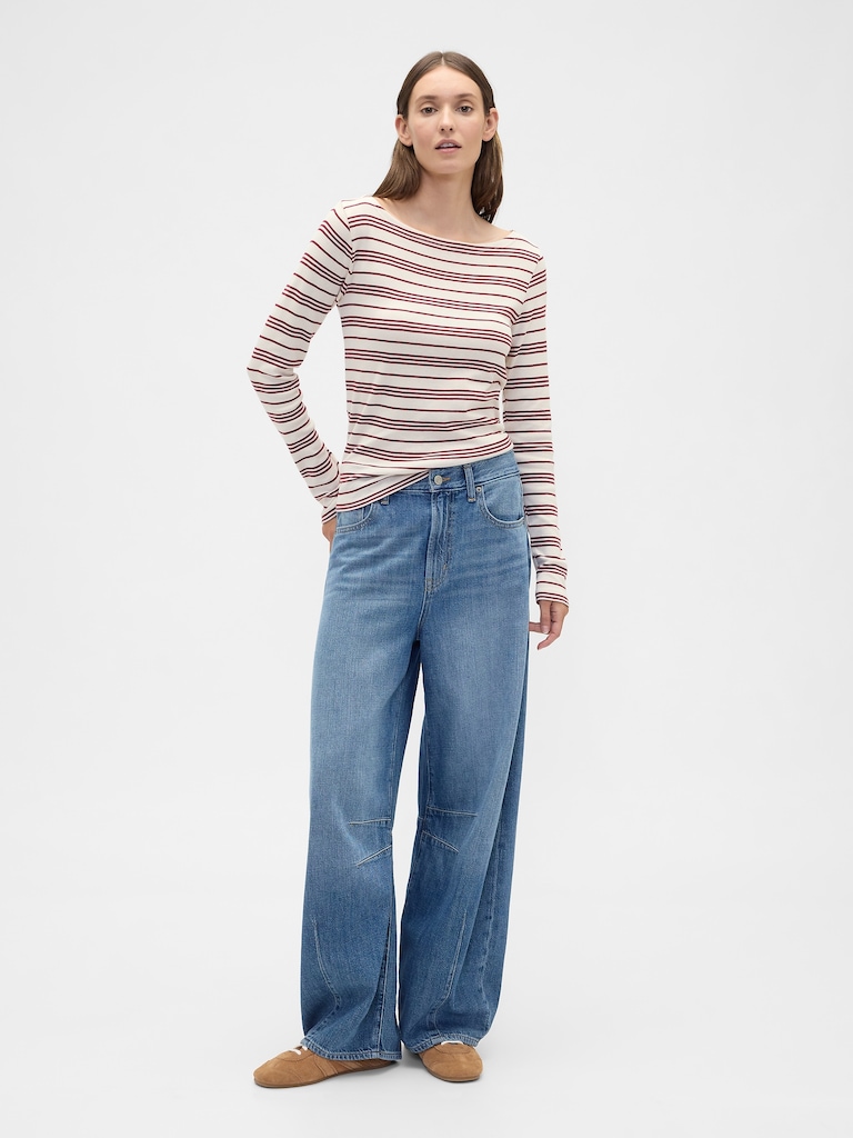 Modern Ribbed Stripe Boatneck T-Shirt