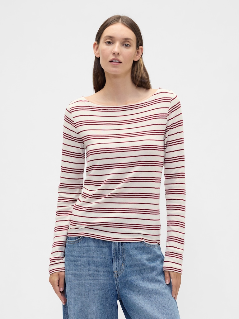 Modern Ribbed Stripe Boatneck T-Shirt