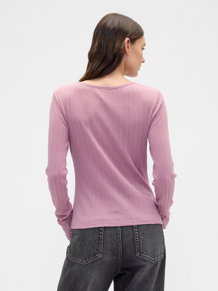 Ribbed Pointelle Henley T-Shirt