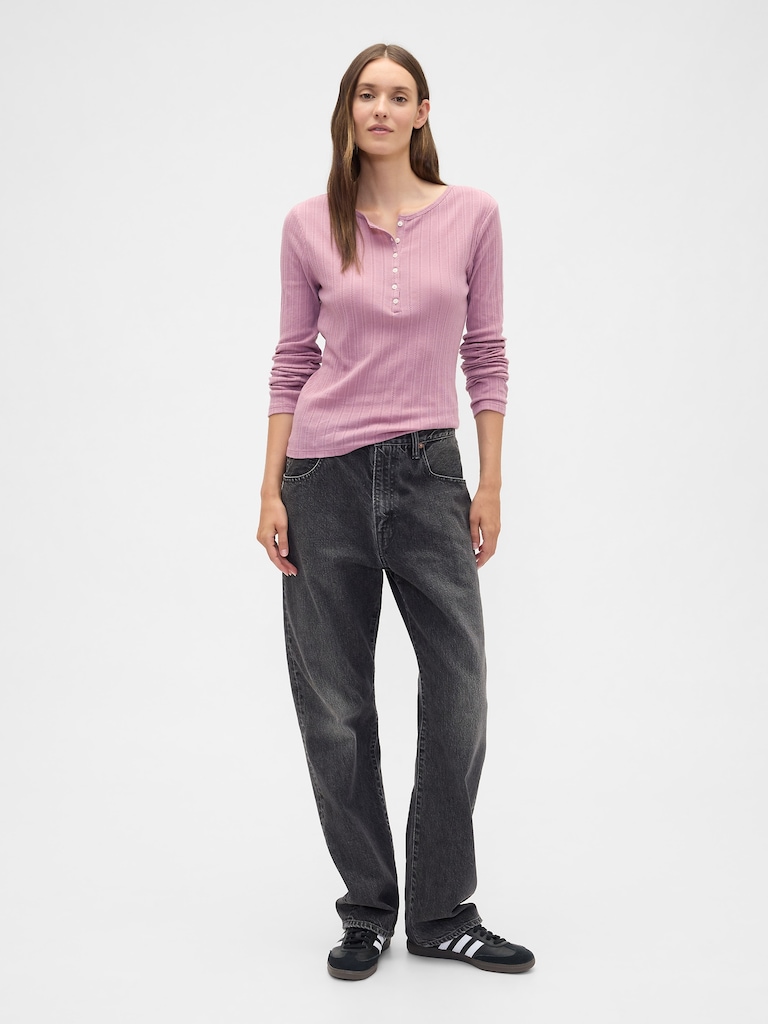 Ribbed Pointelle Henley T-Shirt