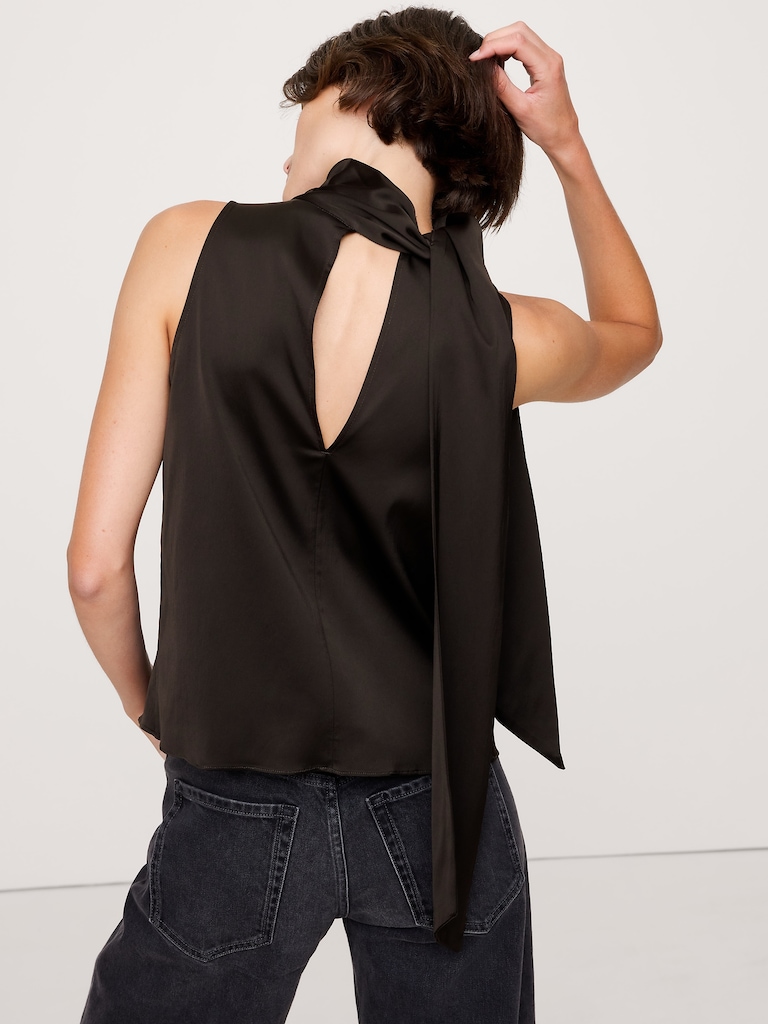 Stretch-Satin Tie-Neck Top