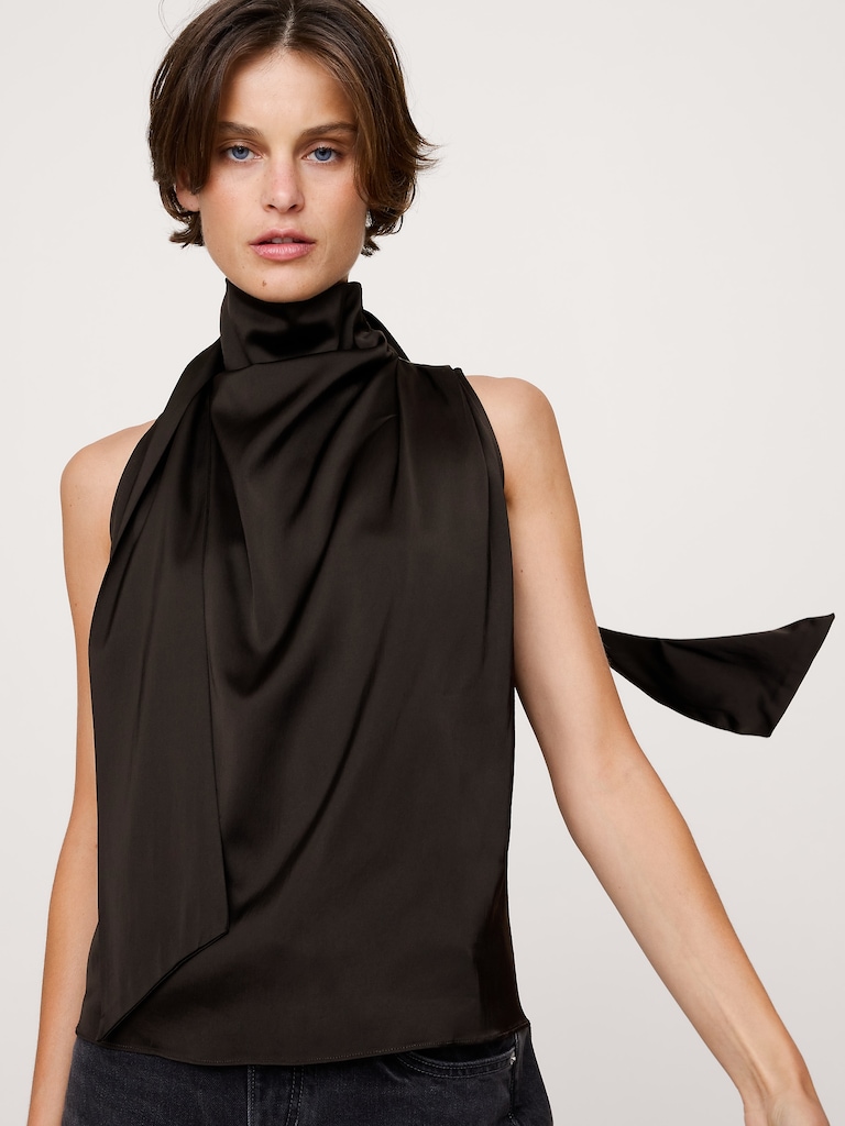 Stretch-Satin Tie-Neck Top