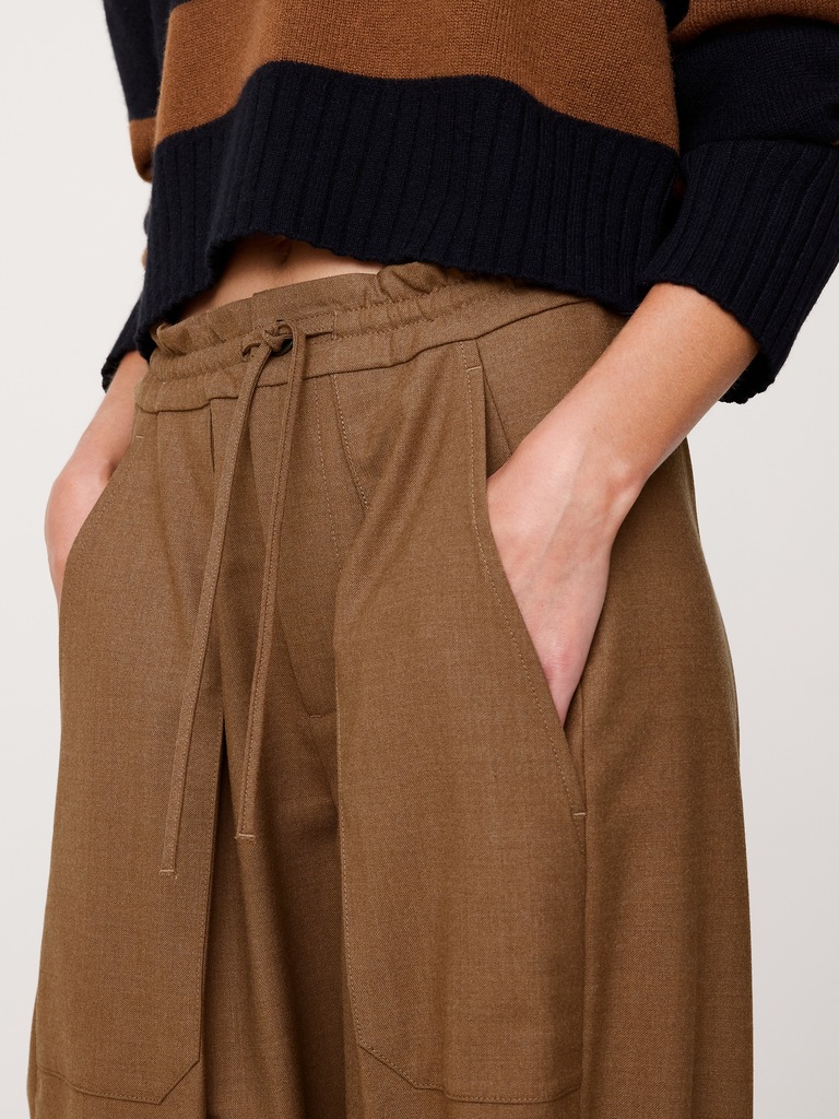 High-Rise Pleated Barrel Flannel Pull-On Pant
