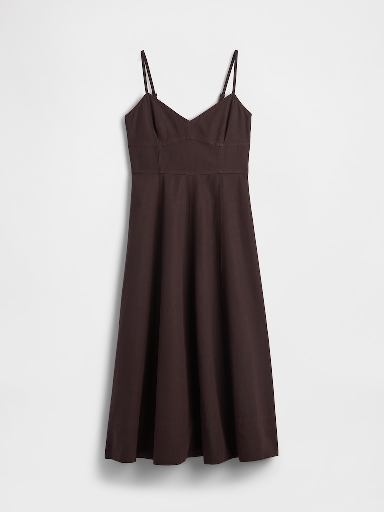 Linen-Blend Seamed Corset Midi Dress
