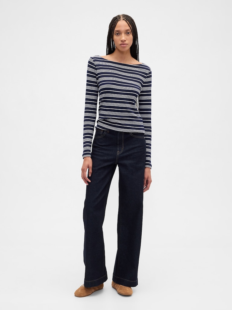 Modern Ribbed Stripe Boatneck T-Shirt