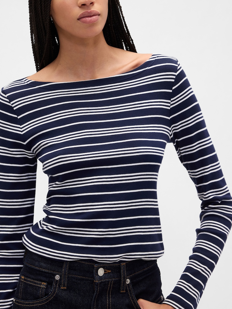 Modern Ribbed Stripe Boatneck T-Shirt
