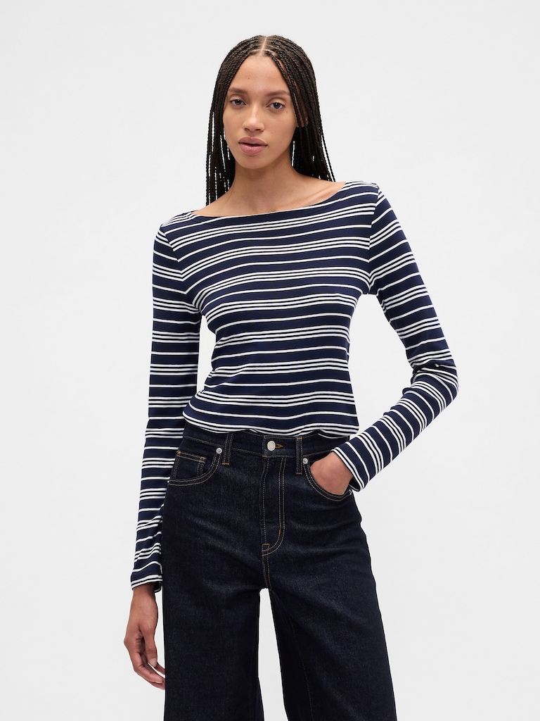 Modern Ribbed Stripe Boatneck T-Shirt