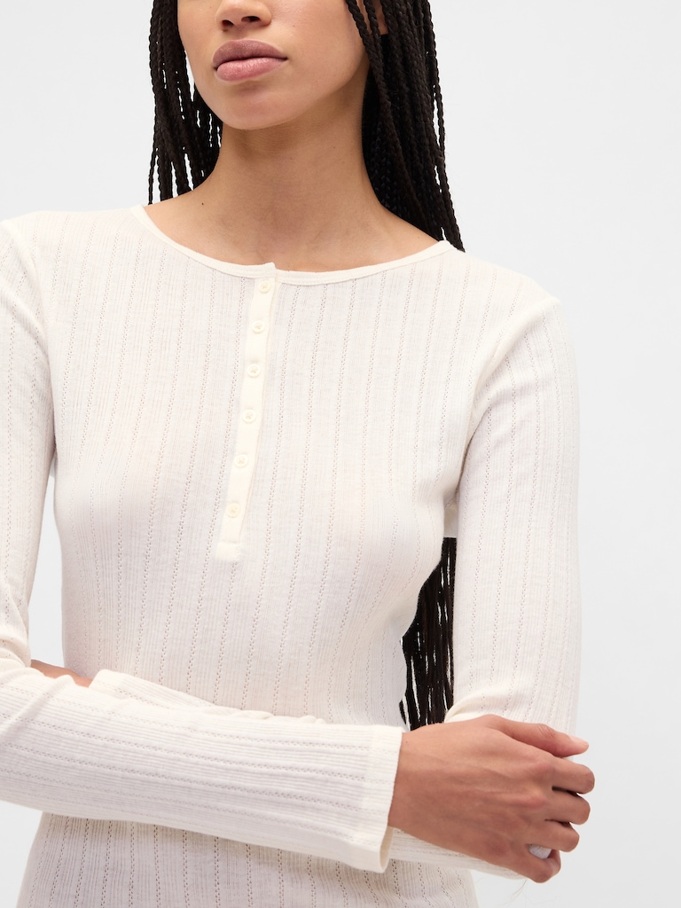 Ribbed Pointelle Henley T-Shirt