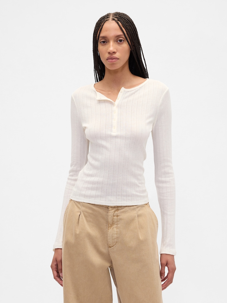 Ribbed Pointelle Henley T-Shirt